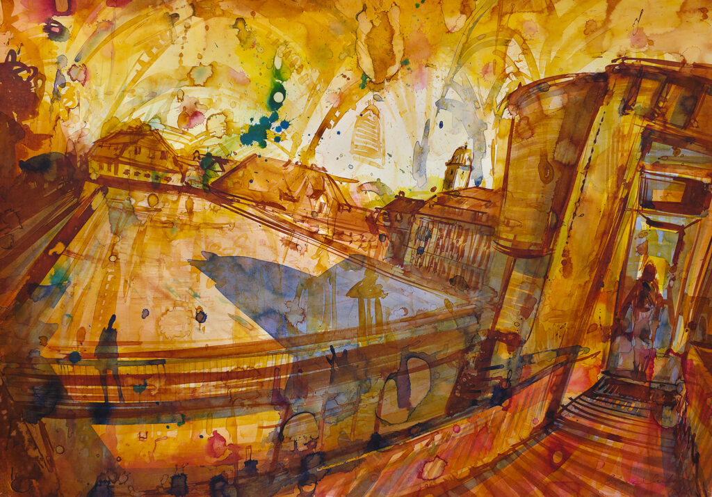 Feierabend 100x70 Acryltusche, Papier
