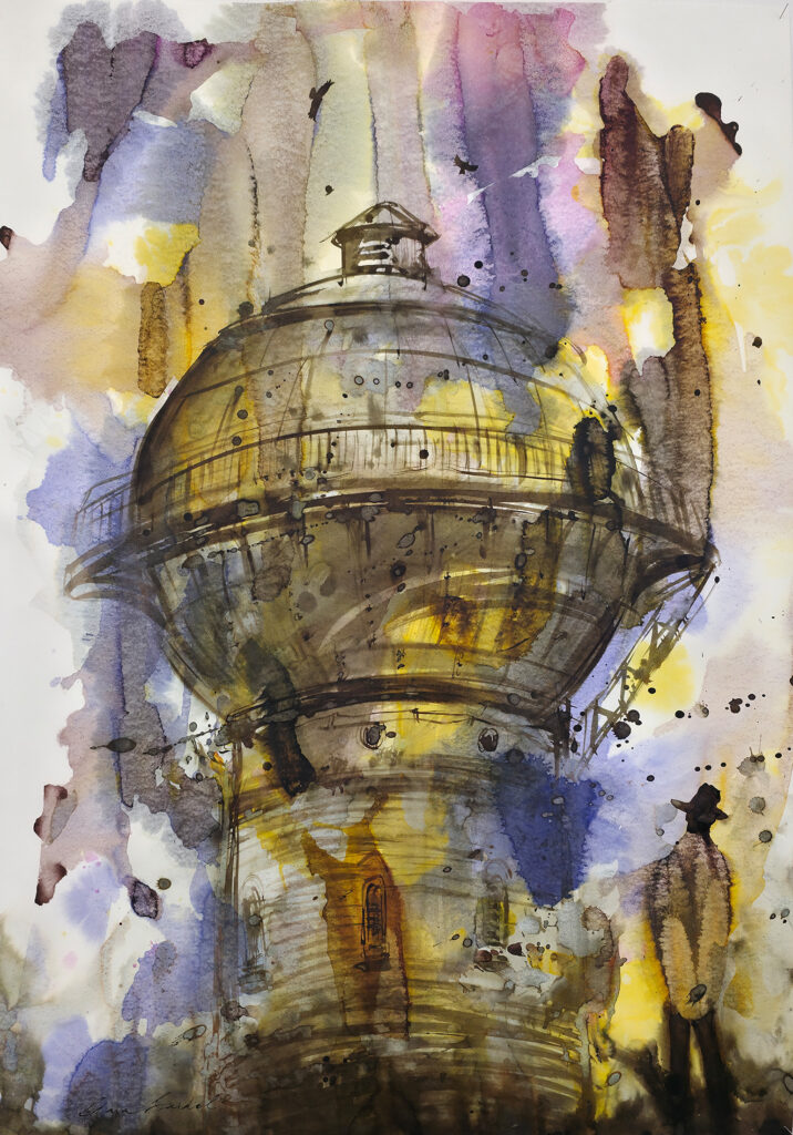 Wasserturm 100x70 Acryltusche, Papier
