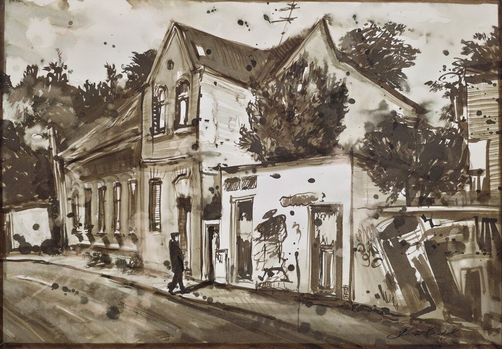 Steinbrücke Straße 70x100 Sepiatusche ,Papier