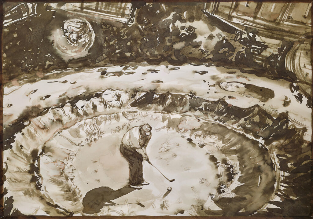 Golfspieler 100x70 Sepiatusche ,Papier